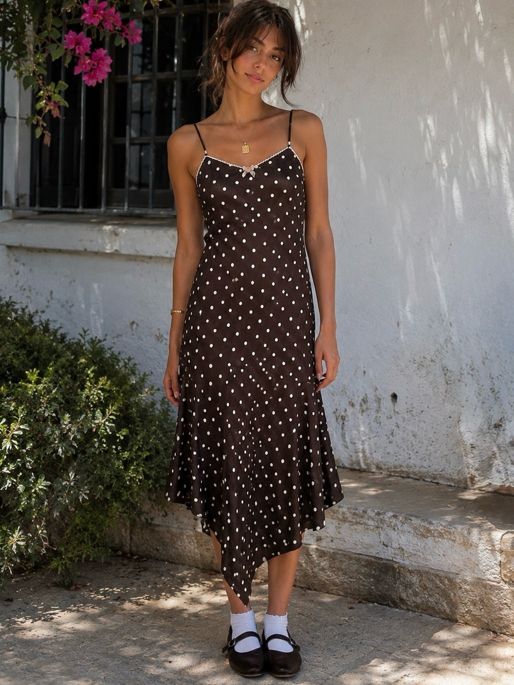 Polka Dot Slip Dress Adjustable Straps Asmmetrical Hem Girlhood Feminine